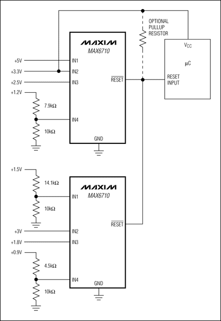 圖1. 利用兩片漏極開路輸出的多電壓監控器監控8路電壓,提供單個復位輸出。