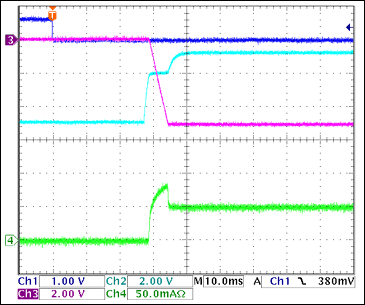 圖10. -5V接通波形,100Ω阻性負(fù)載 = 50mA Ch1 = Q8BASE, Ch2 = -5VGATE, Ch3 = -5VOUT, Ch4 = IIN(-5V) 注釋:-5V擺率大約為1V/ms。