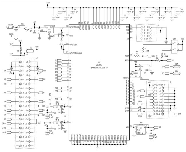 圖4. 按照電路所示配置,Altera EPM3256AQC208-10 CPLD中的DI2CM IP核能夠實現Hs模式的I2C主機