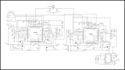 圖10. 多DSL (VDSL/ADSL)電源管理。輸入:5.5V至7V, 輸出: VOUT1 = 1.2V/1.5A, VOUT2 = 1.8V/1A, VOUT3 = 3.3V/1A, VOUT4 = 12.8V/200mA。每個變換器的開關頻率為2.2MHz,組合開關頻率相當于8.8MHz。開關頻率與系統時鐘同步。