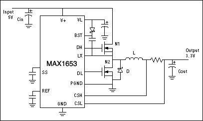 Figure 1. This illustrative step-down switching regulator features an externalswitching transistor (N1) and synchronous rectifier (N2).