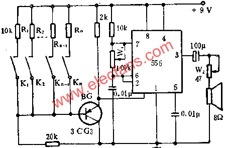 時基集成電路組成簡易電子琴線路圖 www.solar-ruike.com.cn